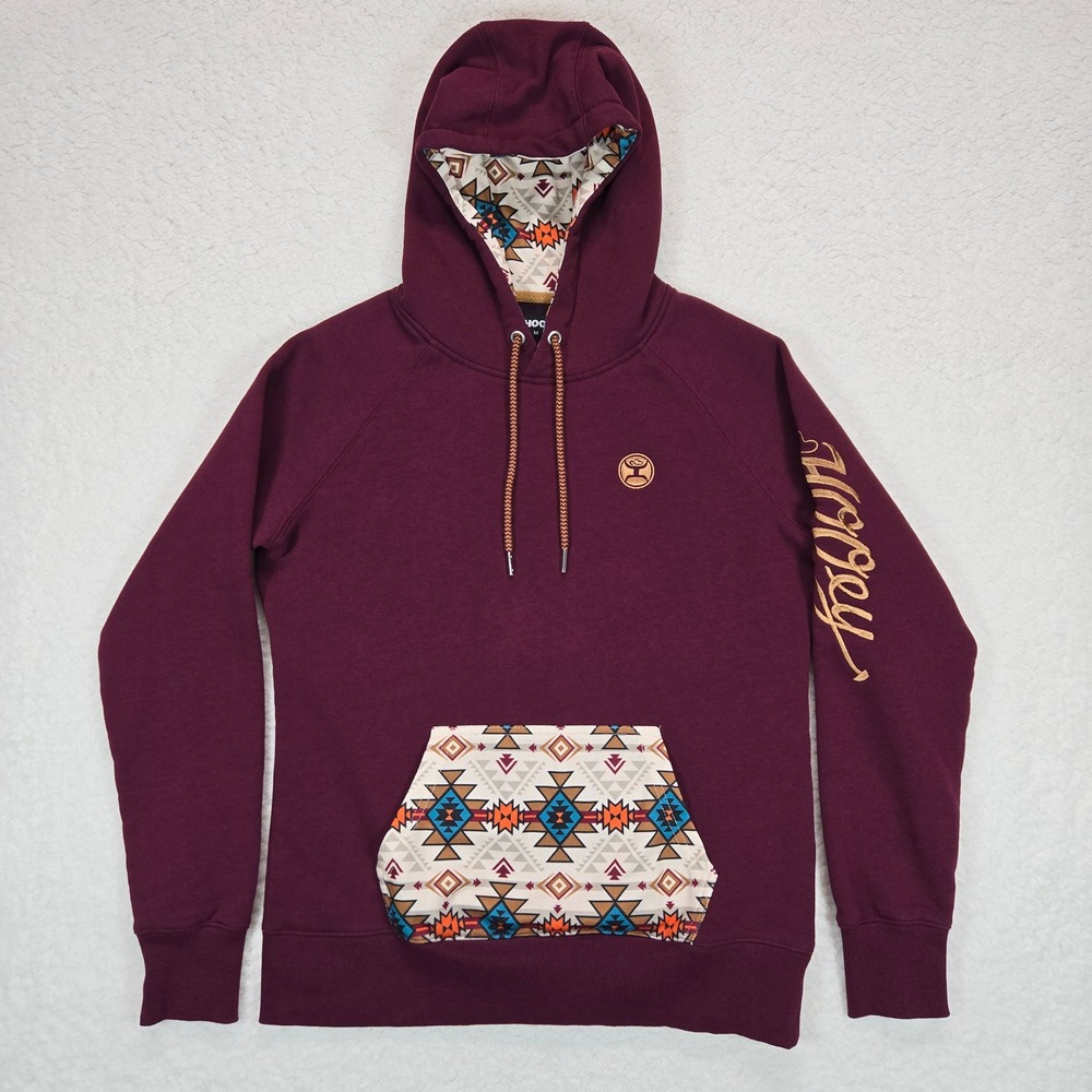 Hooey Men's Medium Burgundy Hoodie Geometric Aztec Pocket Pullover Sweatshirt